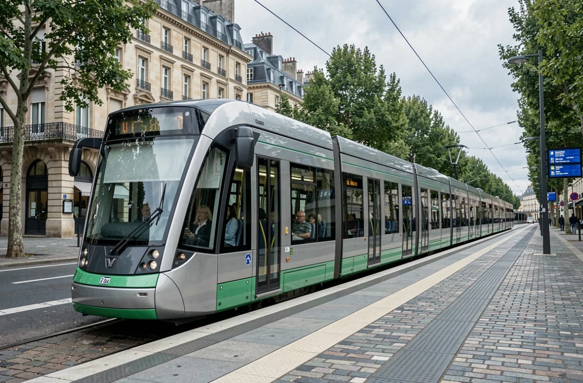 Tramway ligne 2 de Nantes à l'arrêt dans une station moderne avec passagers à bord et affichage numérique sur le quai