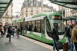 Tramway de Nantes à quai avec des voyageurs qui embarquent et débarquent sur une plateforme animée