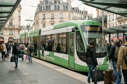 Tramway de Nantes à quai avec des voyageurs qui embarquent et débarquent sur une plateforme animée