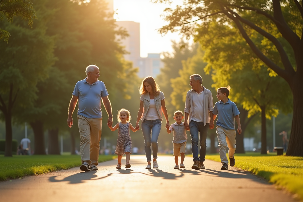 Trois générations de famille marchant dans un parc urbain ensoleille