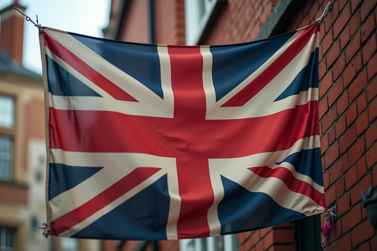 Drapeau Union Jack accroché sur un bâtiment en briques rouges à Londres, symbolisant le drapeau national du Royaume-Uni