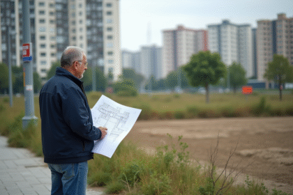 Homme d'âge moyen examinant un terrain urbain vide avec plans
