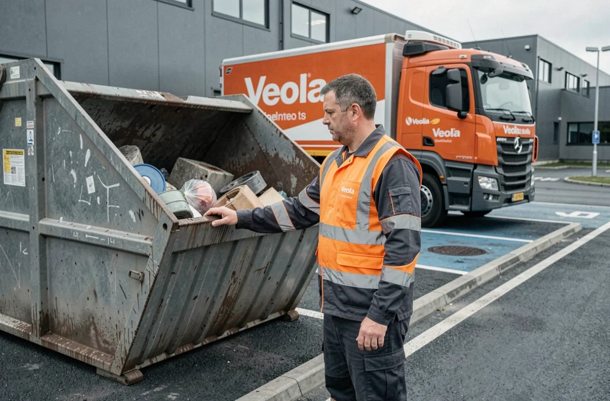 Technicien Veolia Propreté en uniforme inspectant un conteneur de déchets encombrants devant un camion de collecte