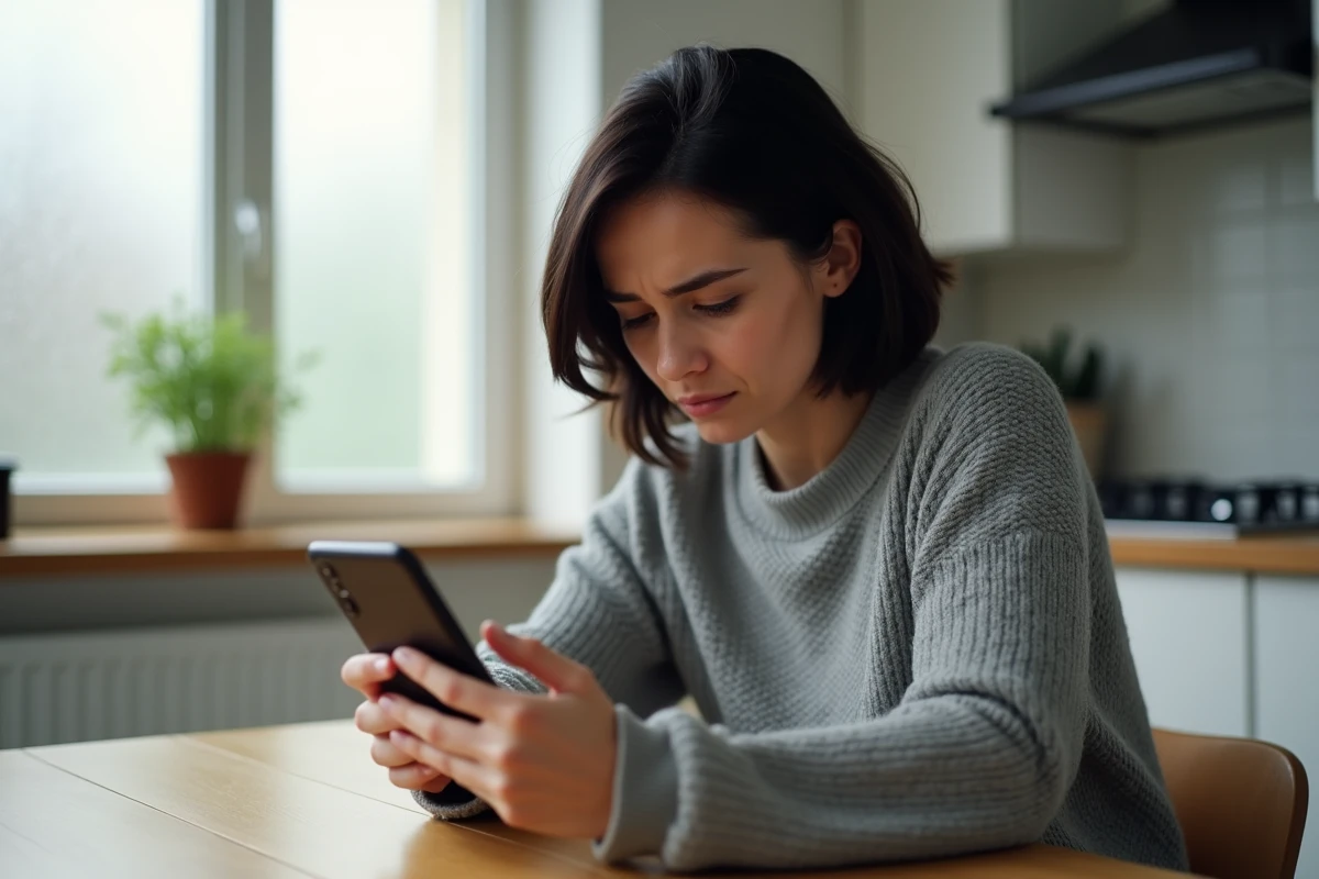 Femme regardant un numéro de téléphone inconnu sur son smartphone à la cuisine