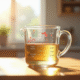 Verre mesureur moderne avec liquide sur planche en bois