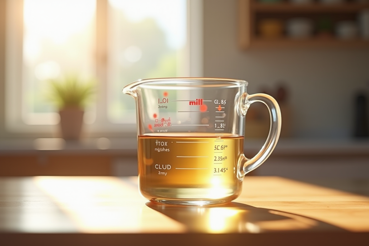 Verre mesureur moderne avec liquide sur planche en bois