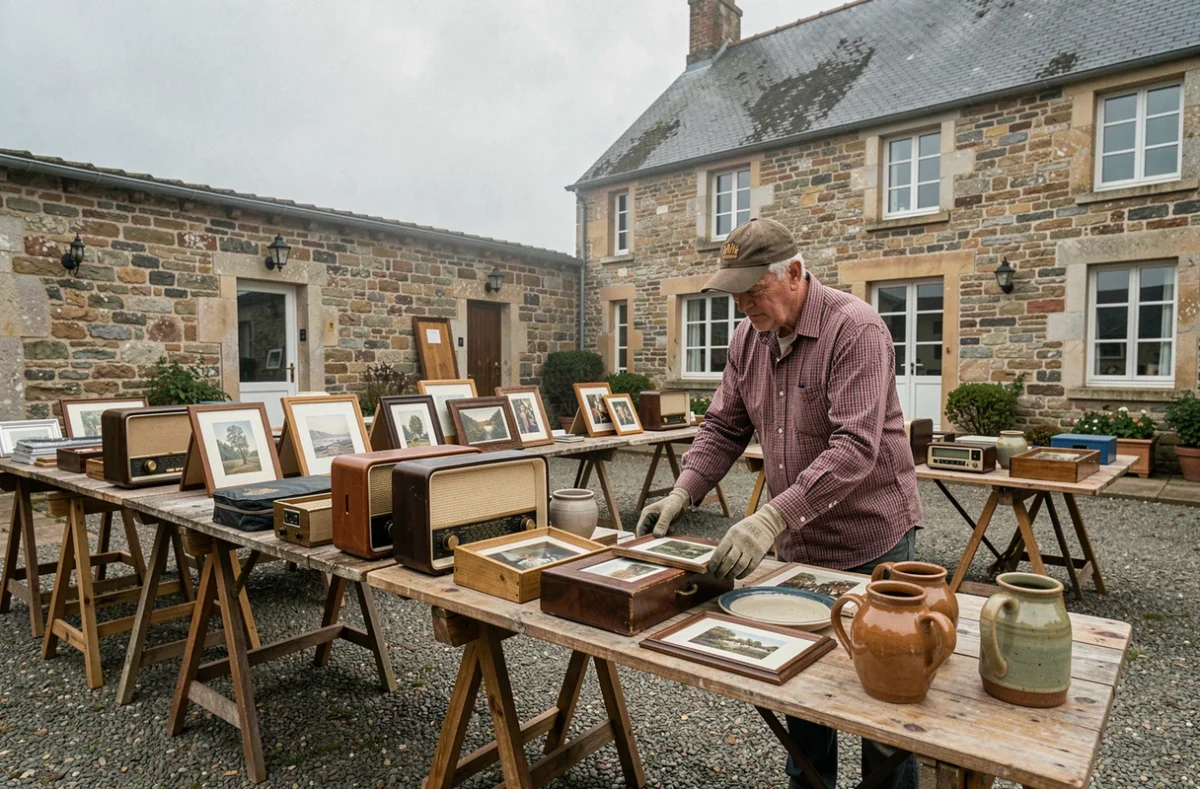 Agent du Vide Grenier Service Boulonnais arrangeant des objets de seconde main sur des tréteaux dans la cour d'une ferme en pierre