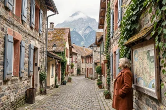 Village de montagne français avec ruelle en pierre, femme consultant une carte et panorama alpin en arrière-plan