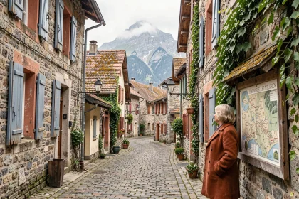 Village de montagne français avec ruelle en pierre, femme consultant une carte et panorama alpin en arrière-plan
