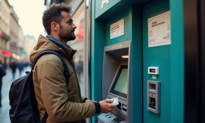 Voyageur confiant retirant de l'argent à un ATM en ville