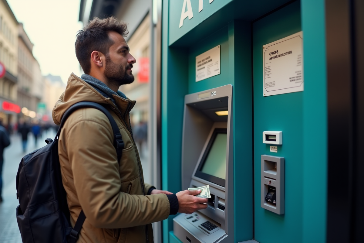 Voyageur confiant retirant de l'argent à un ATM en ville